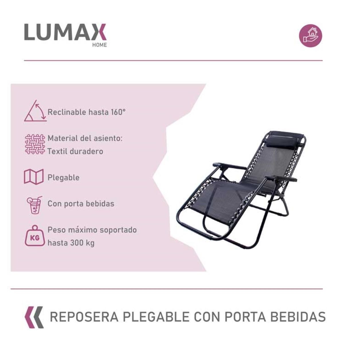 LUMAX - Silla Reposera Plegable Portatil Con Porta Bebidas Negro