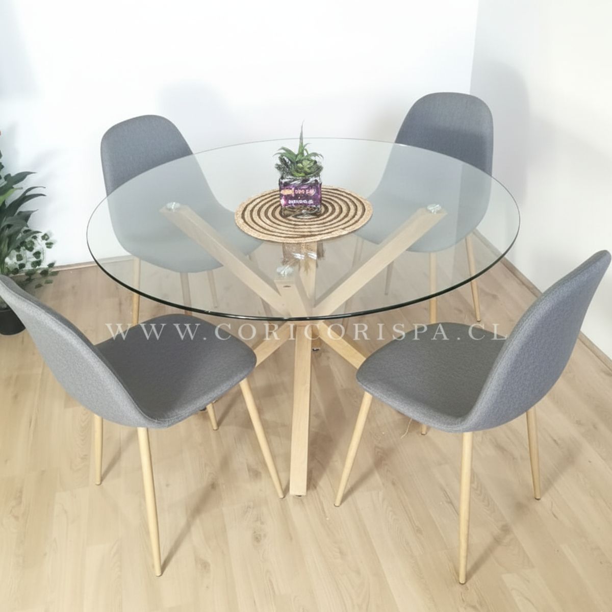 CORI CORI - Juego Comedor Mesa Warwick 120cm + 4 Sillas Scoop Lino Gris