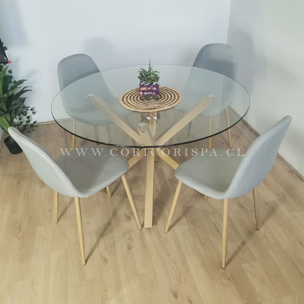 CORI CORI - Juego Comedor Mesa Warwick 120cm + 4 Sillas Scoop Lino Gris