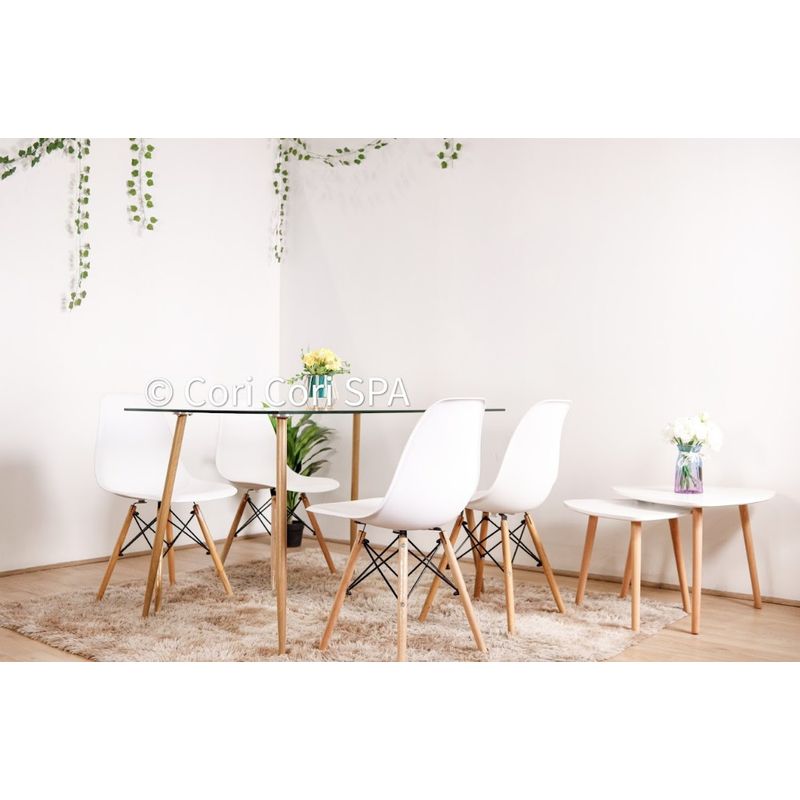 CORI CORI - Juego de Comedor Vidrio 120x 80 cm + 4 Sillas Eames Blanca