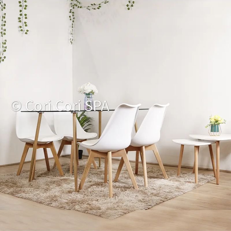 CORI CORI - Juego de Comedor Vidrio 120x 80cm + 4 Sillas Tulip Blancas