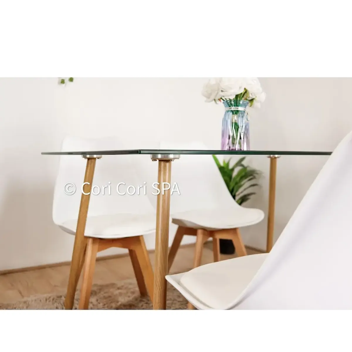 CORI CORI - Juego de Comedor Vidrio 120x 80cm + 4 Sillas Tulip Blancas