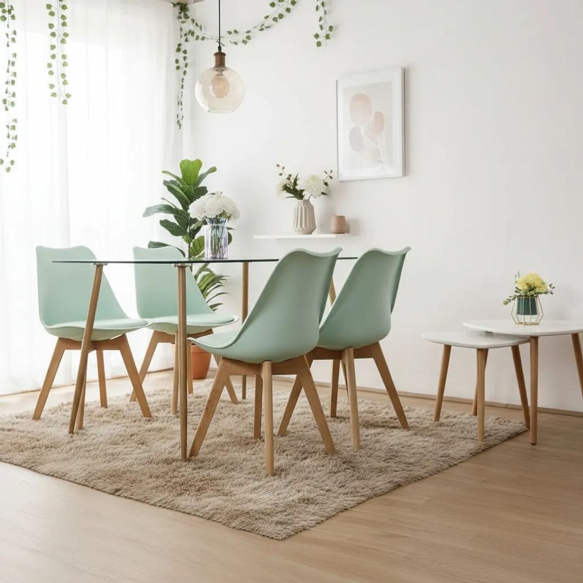 CORI CORI - Juego de Comedor Vidrio 120x 80cm + 4 Sillas Tulip Menta