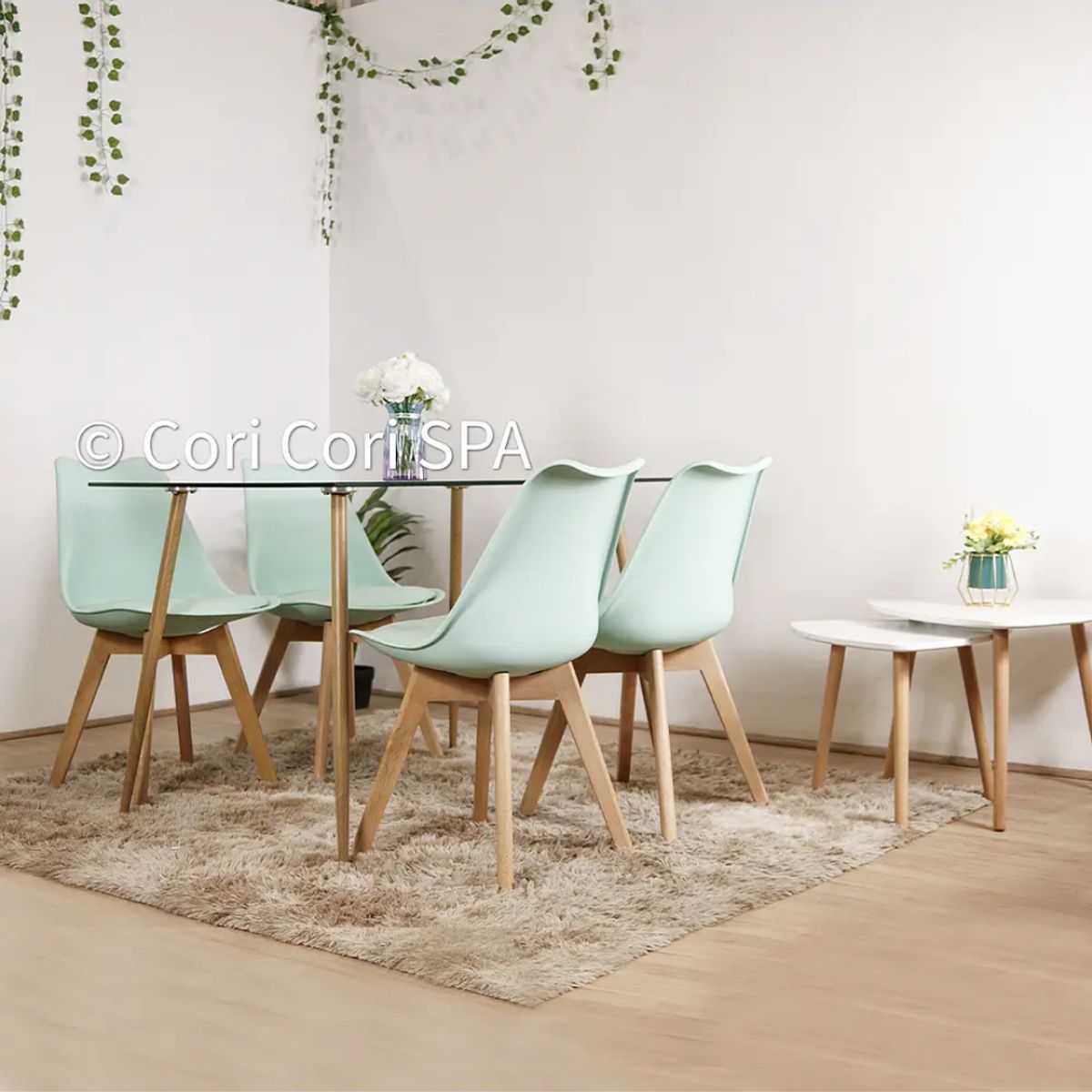 CORI CORI - Juego de Comedor Vidrio 120x 80cm + 4 Sillas Tulip Menta