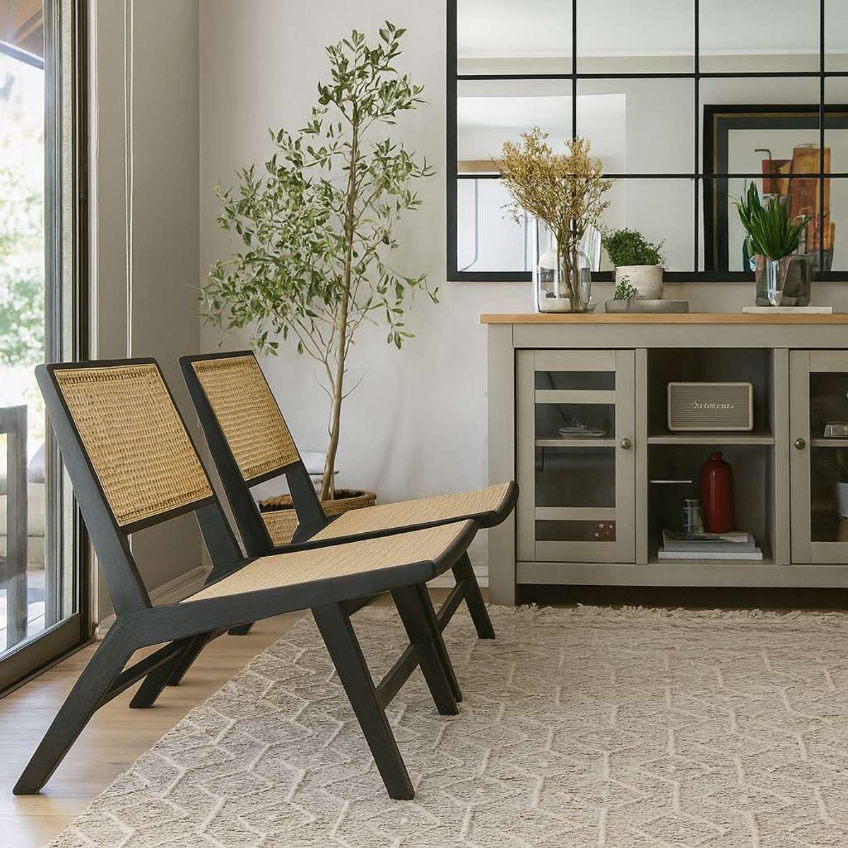 MEYA MUEBLES - Sitial Futra Negro de madera color negra y rattán 65x74x77