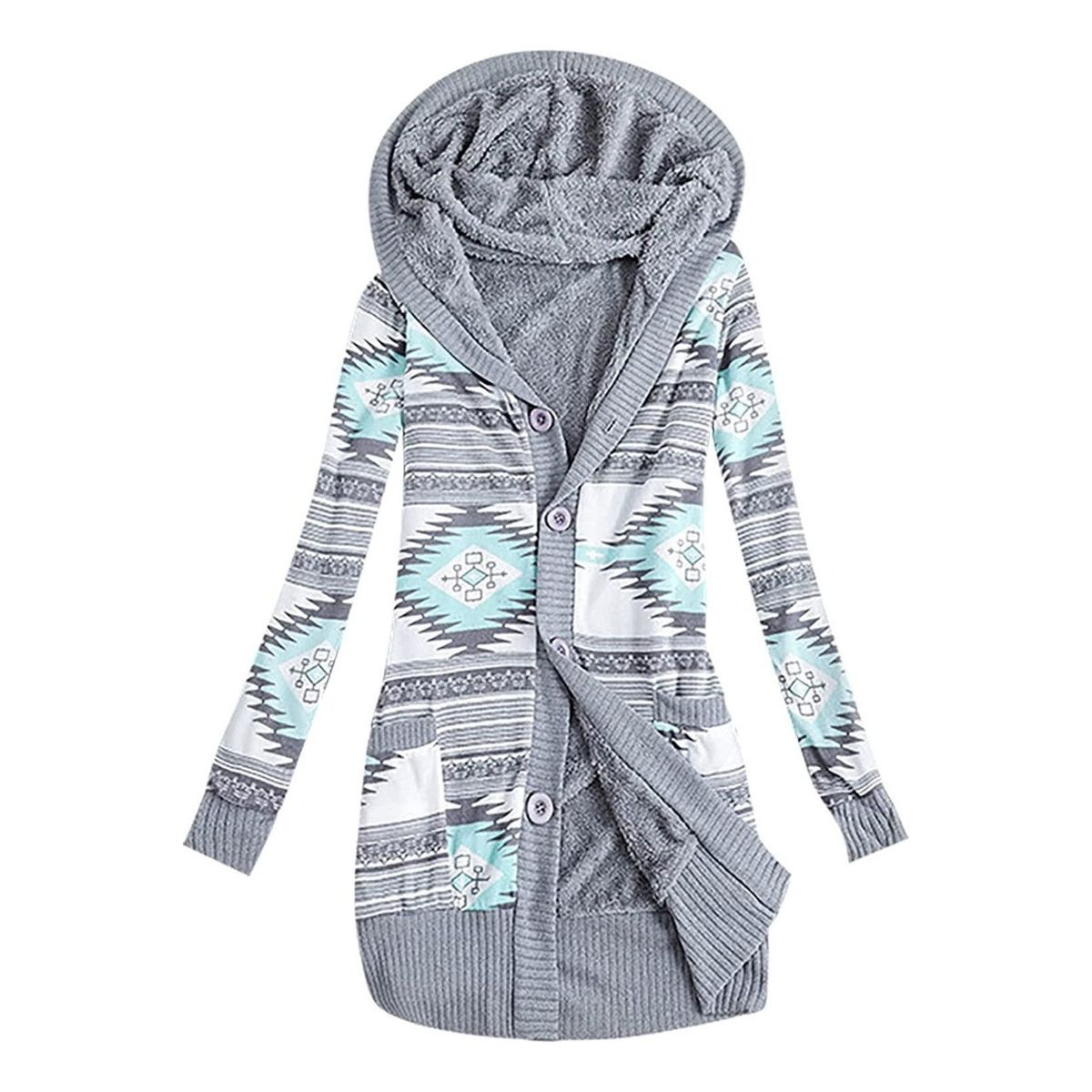 KEEJOIN - chaqueta cálida chaqueta de punto con capucha-Verde Gris