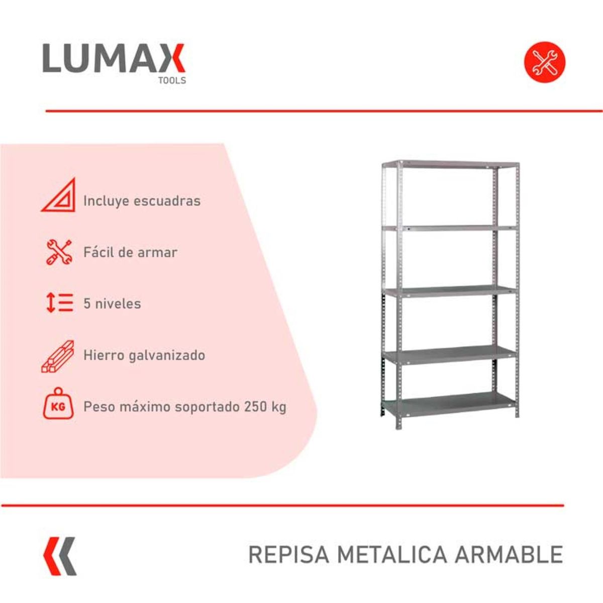 LUMAX - Exhibidor Repisa Metalica Armable Mecano 100x45x200cm 250Kg