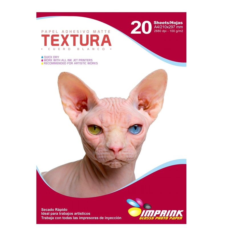 IMPRINK - Papel Adhesivo Matte TEXTURA  Cuero Blanco A4100g20h