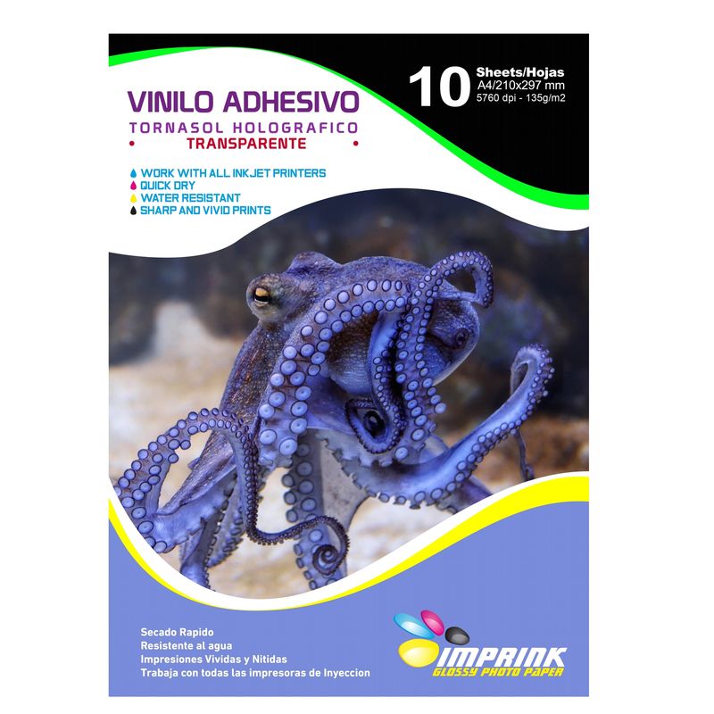 IMPRINK - Vinilo Tornasol Adhesivo Holografico TRANSPARENTE A4 10h