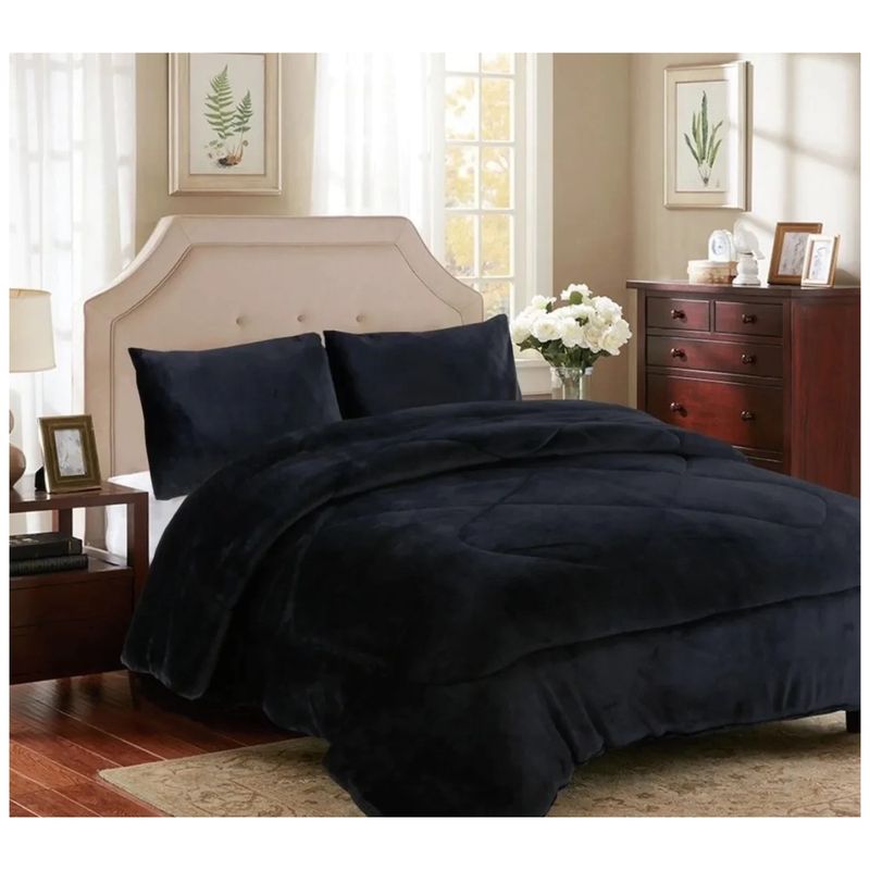 GENERICO - PLUMON NEGRO CON CHIPORRO Y POLAR PLUSH INVIERNO SUPER KING 250X270