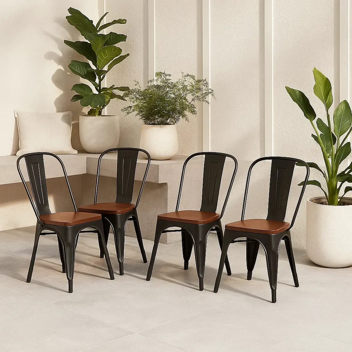 KLIK - Pack de 4 sillas Tolix con asiento de Madera Oscura Walnut - Negras
