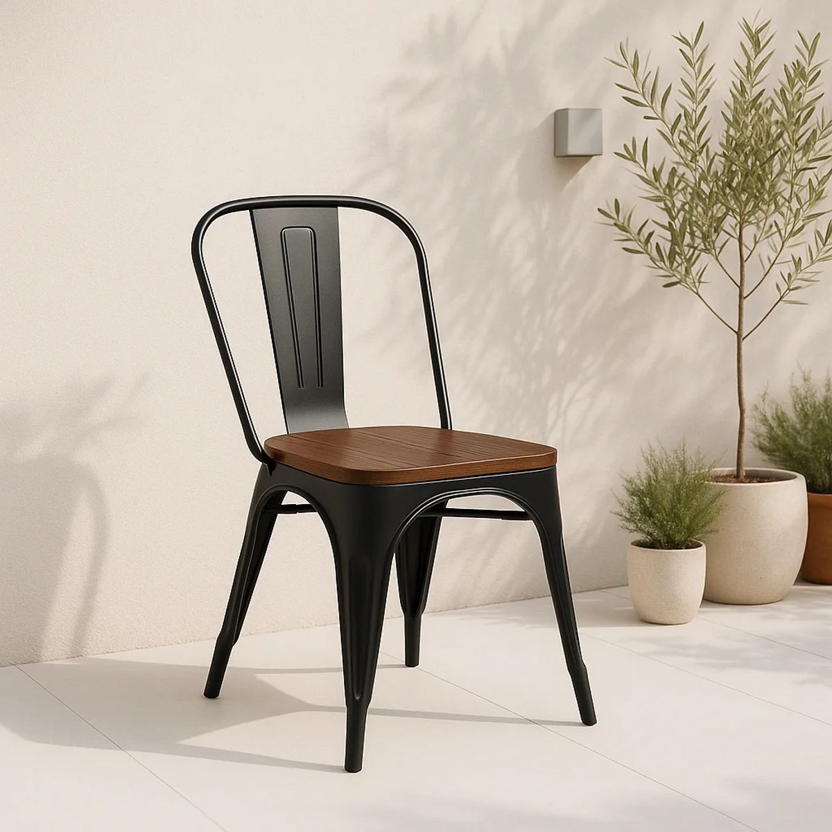 KLIK - Silla Taburete Tolix de Comedor o Terraza asiento Madera Oscura Walnut