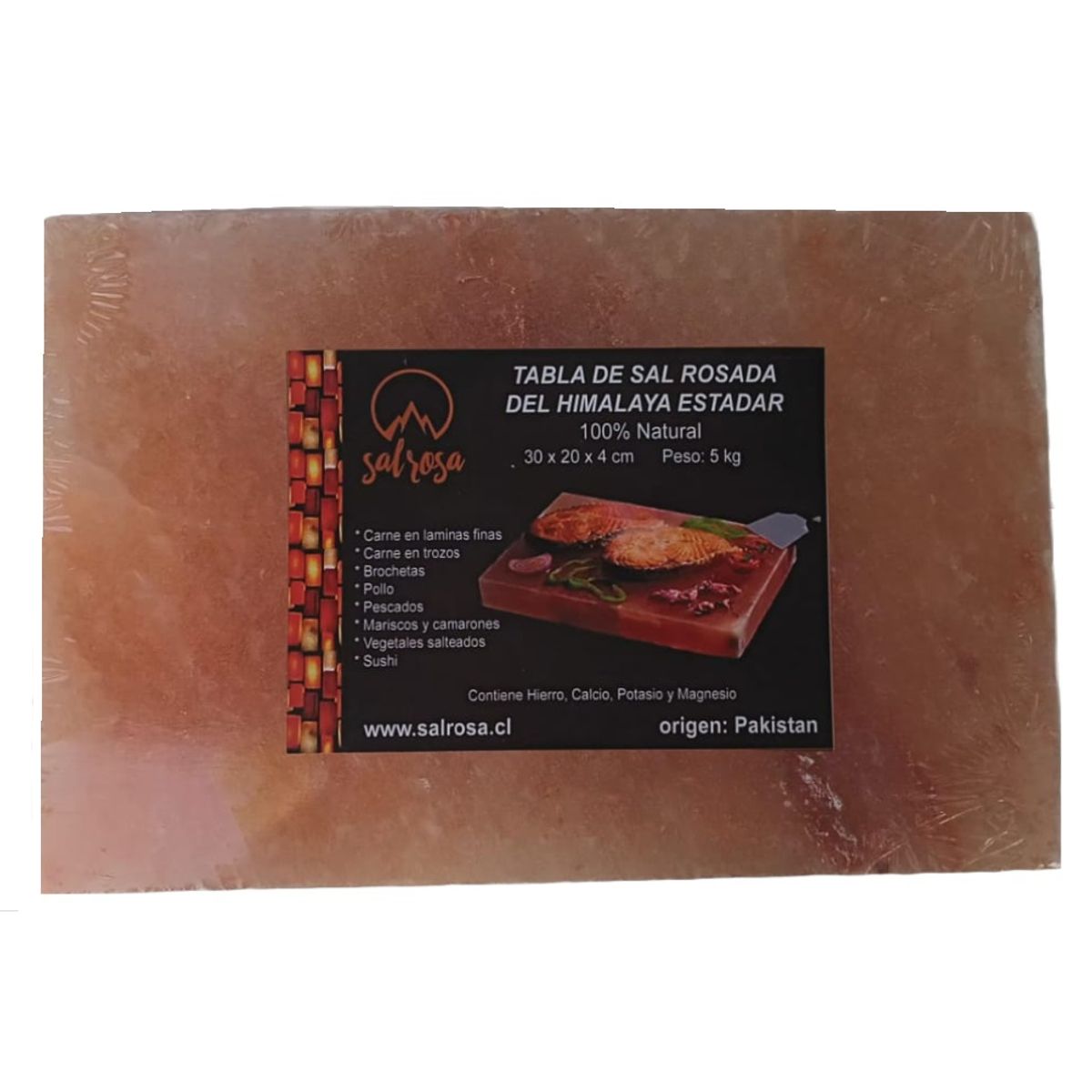 GENERICO - Tabla de Sal Rosada del Himalaya Rectangular con Bandeja de Metal