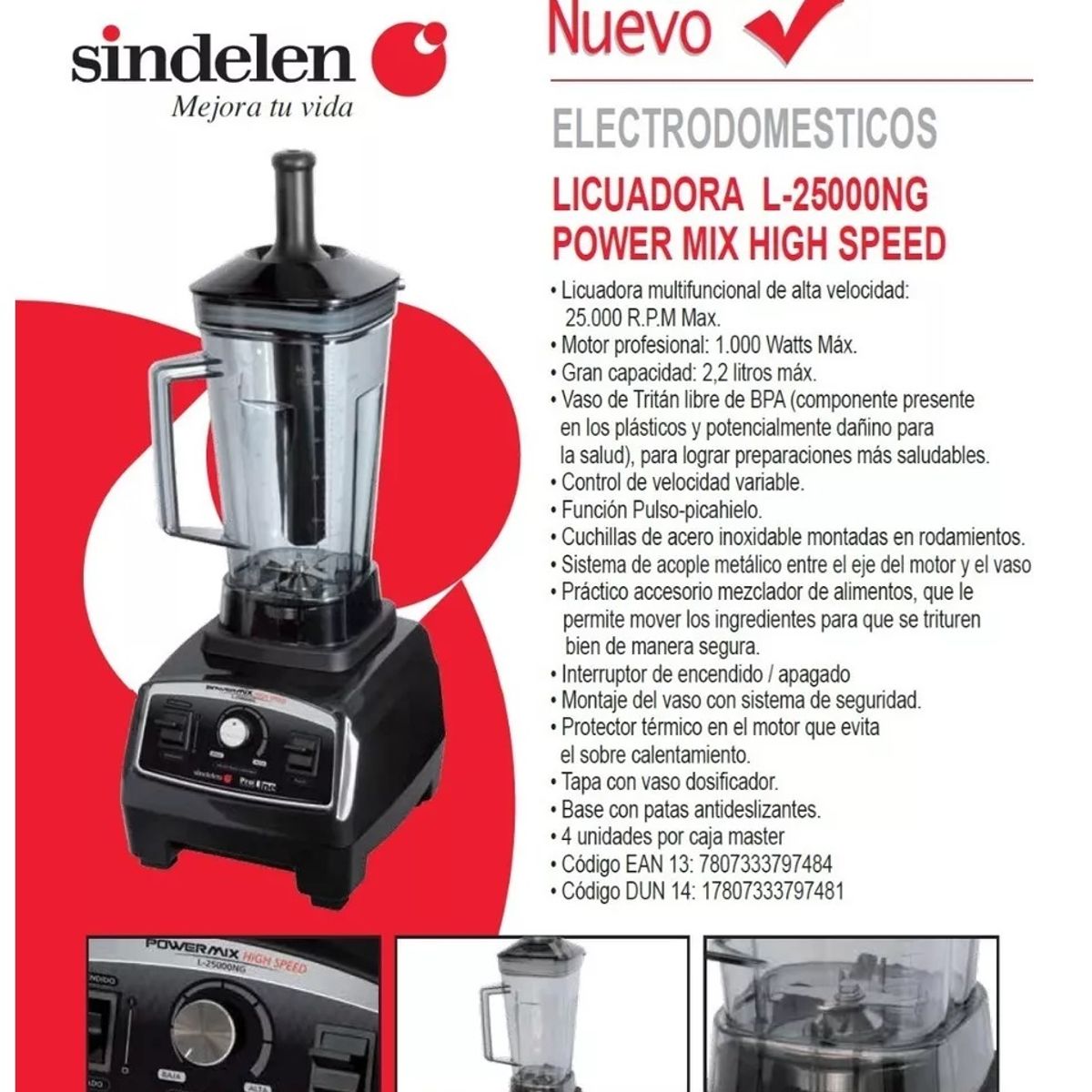 SINDELEN - Licuadora Juguera Pica Hielo Sindelen Power Mix L-25000 1000w