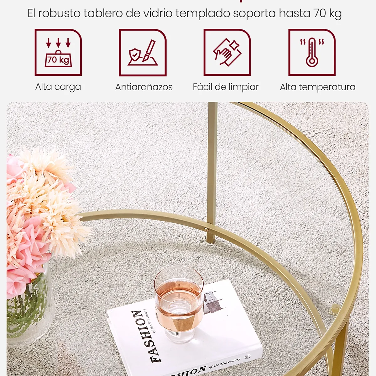 VASAGLE - Mesa de centro vidrio Gold premium