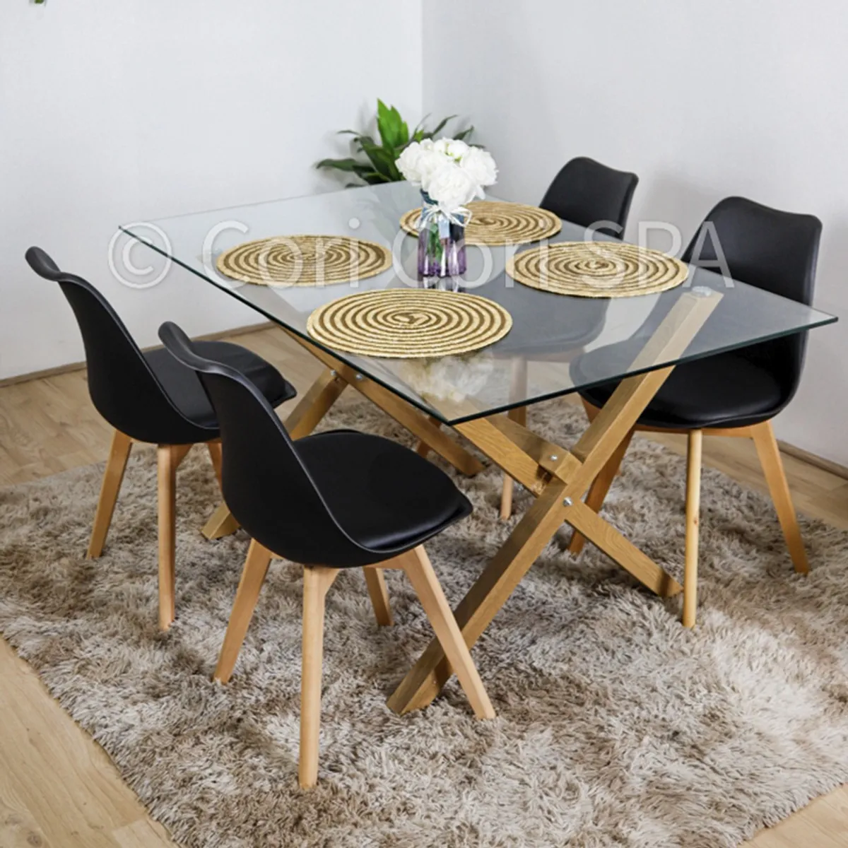 CORI CORI - Juego de Comedor Medlock Vidrio 140x90cms + 4 Sillas Tulip Negro