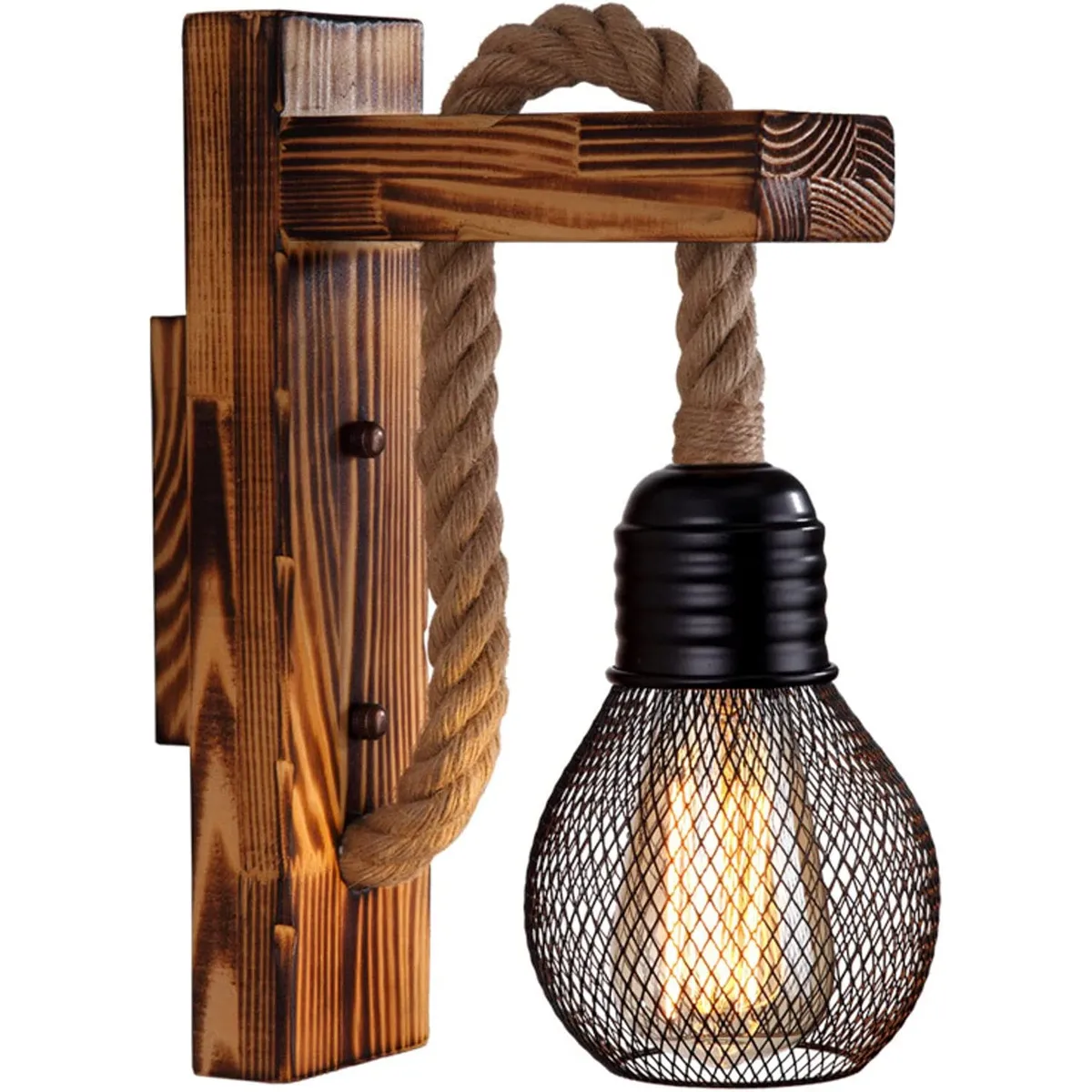 GENERICO - Aplique Rustico Lampara De Pared Retro De Madera Cañamo y Jaula d