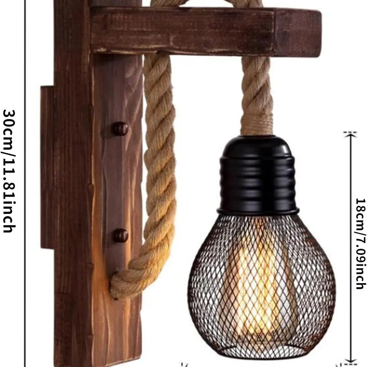 GENERICO - Aplique Rustico Lampara De Pared Retro De Madera Cañamo y Jaula d