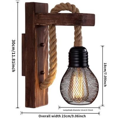 Imagen 2 del producto Aplique Rustico Lampara De Pared Retro De Madera Cañamo y Jaula d