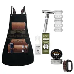 GENERICO - Kit Barbería x 5 : Afeitador Aceite Bálsamo hisopo y delantal