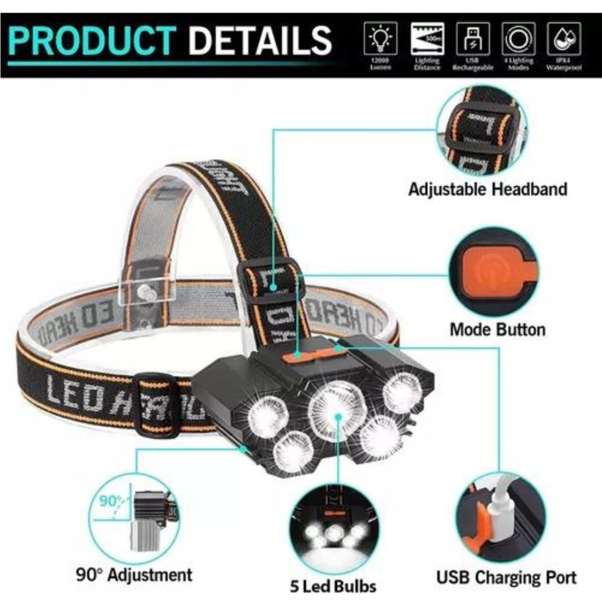 GENERICO - Linterna Led Minero Frontal 5 Led Impermeable Recargable USB