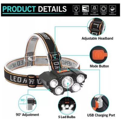 Imagen 2 del producto Linterna Led Minero Frontal 5 Led Impermeable Recargable USB