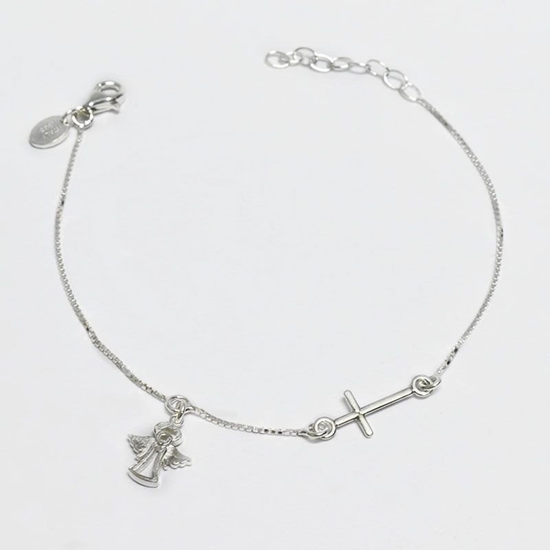 ROSETT - Pulsera veneciana con cruz y colgante de angel Plata 925