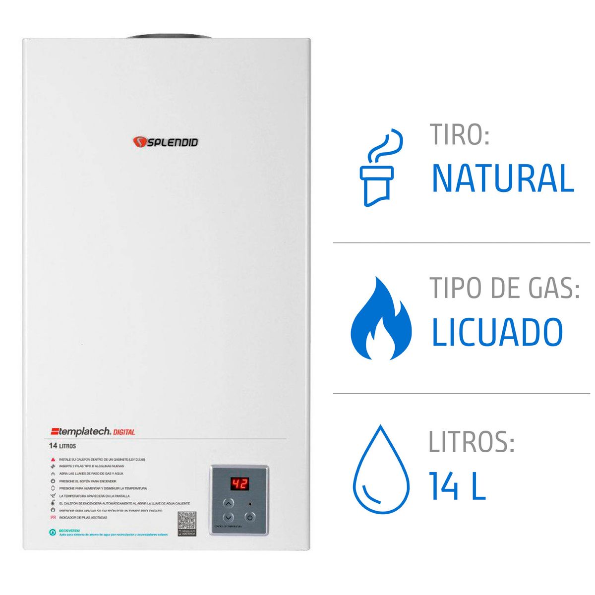 SPLENDID - Calefont 14 litros Gas licuado Tiro natural Splendid