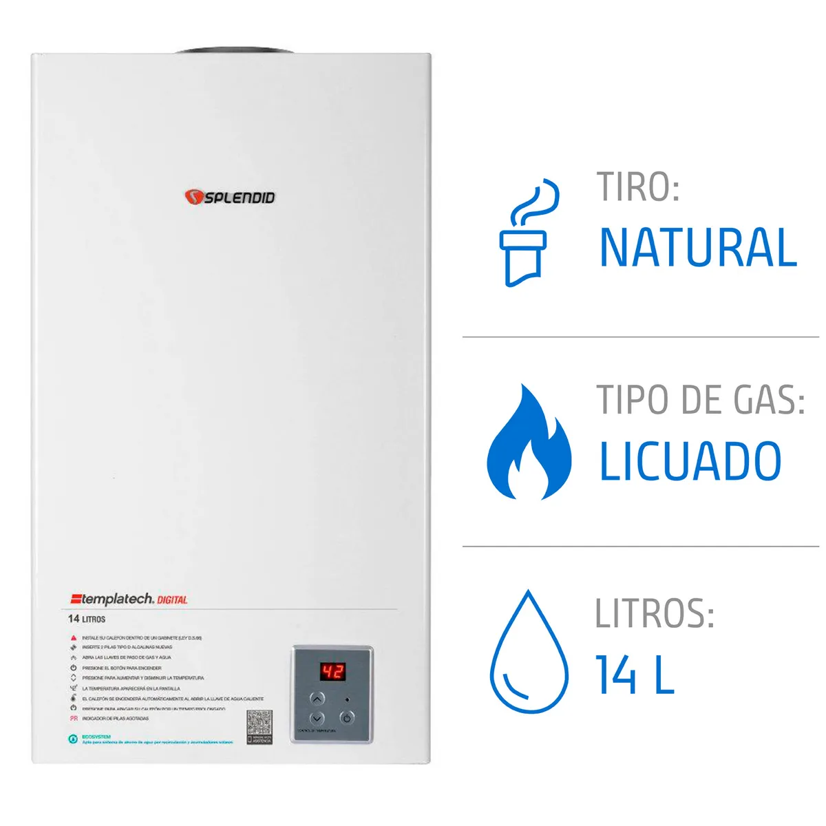 SPLENDID - Calefont 14 litros Gas licuado Tiro natural Splendid