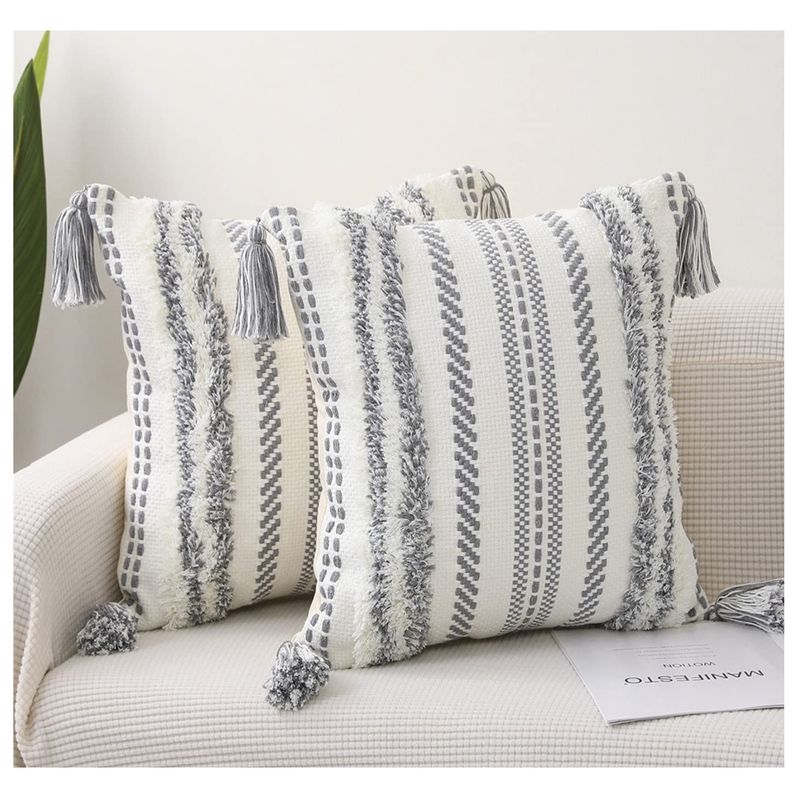 COMPRAPO - Set 2 Fundas para Cojín Boho Macramé Crudo y Gris 45x45 cm
