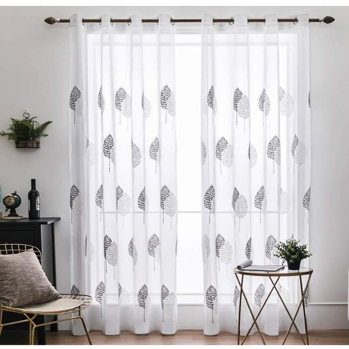 COMPRAPO - Set Visillos Blancos Bordados Hojas Blancas Grises 140x230 Cm 2 Paños