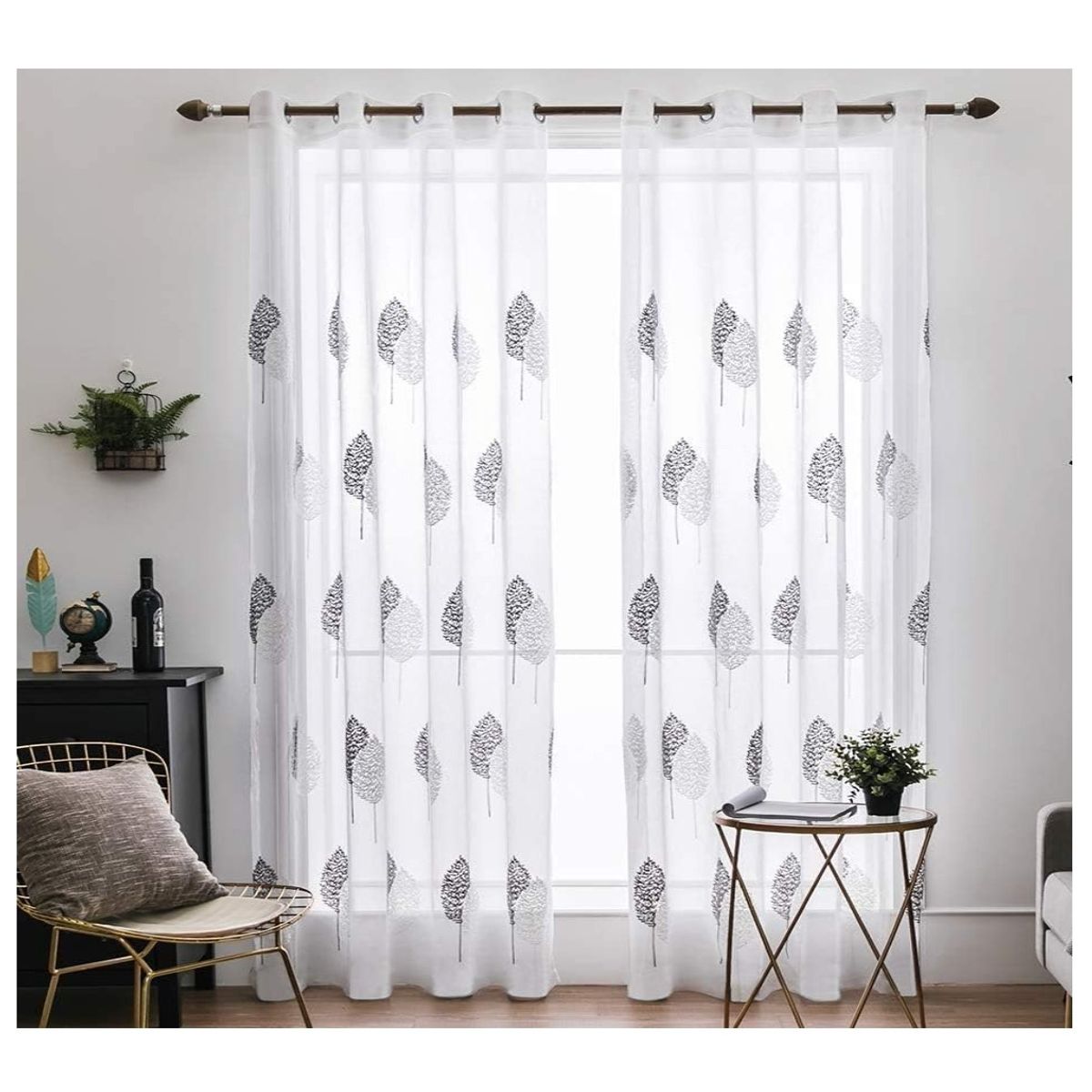 COMPRAPO - Set Visillos Blancos Bordados Hojas Blancas Grises 140x230 Cm 2 Paños