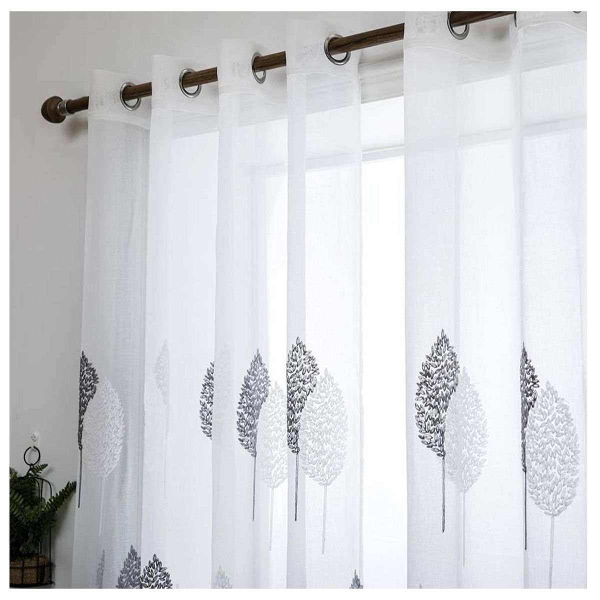 COMPRAPO - Set Visillos Blancos Bordados Hojas Blancas Grises 140x230 Cm 2 Paños