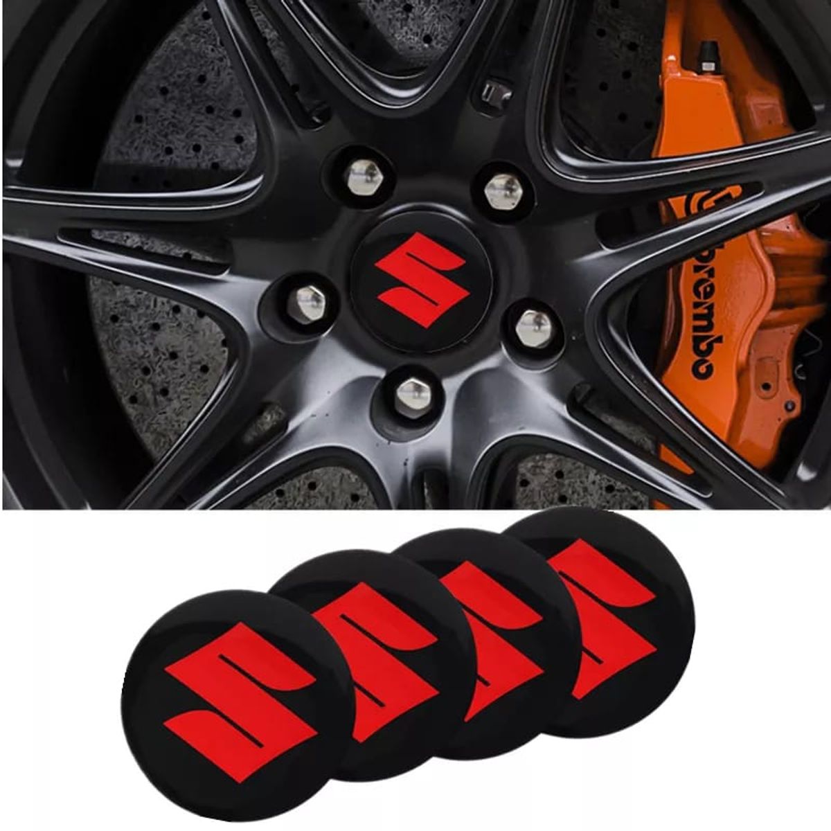 GENERICO - Set X4 Tapa centro Llantas auto 56mm SUZUKI NEGRO ROJO
