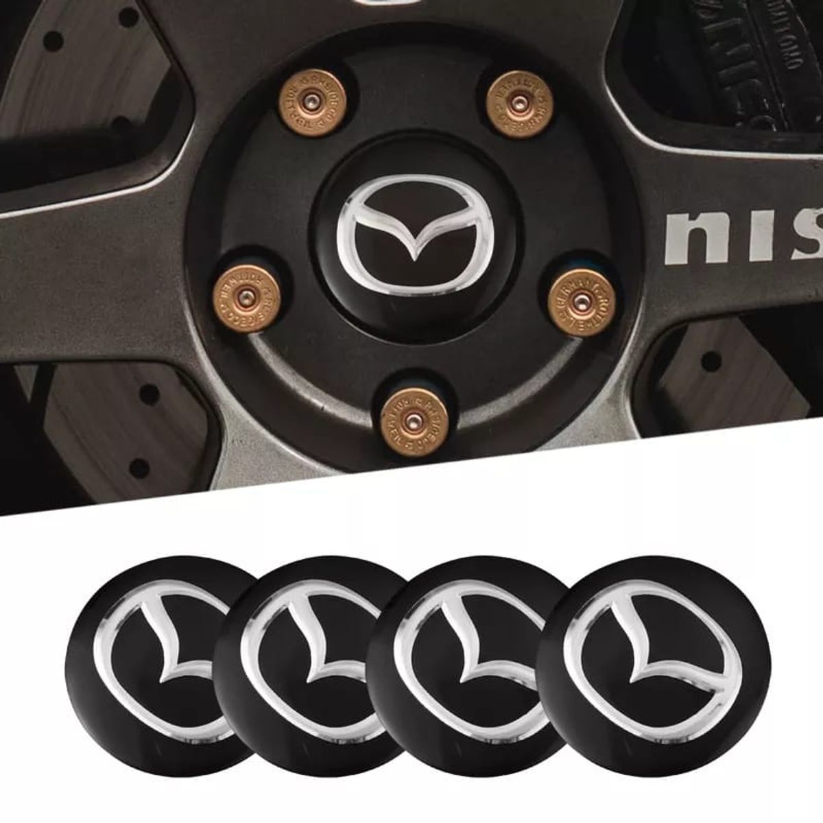 GENERICO - Set X4 Tapa centro Llantas auto 56mm MAZDA NEGRO LOGO PLATA