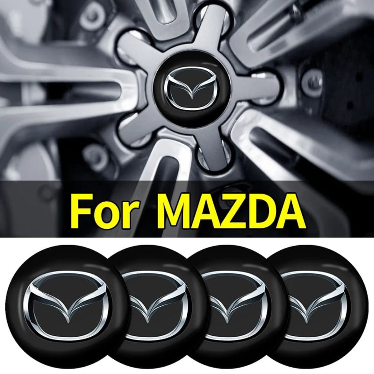 GENERICO - Set X4 Tapa centro Llantas auto 56mm MAZDA NEGRO LOGO PLATA