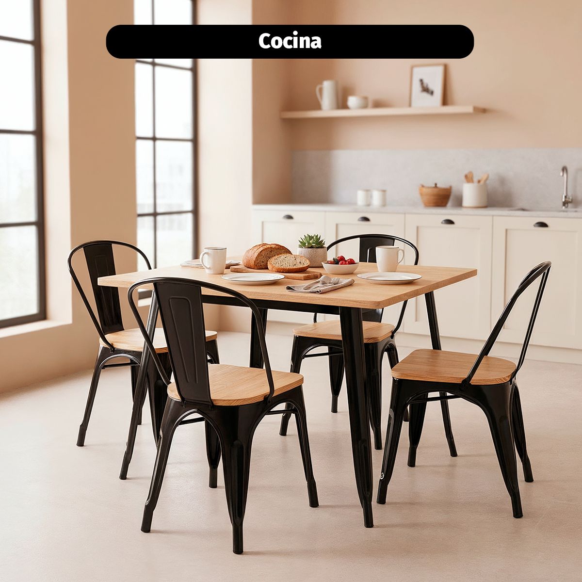 VENHOOUSE - Pack De 2 Sillas Tolix Negra Con Asiento De Madera