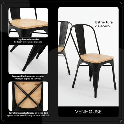 Imagen 2 del producto Pack De 2 Sillas Tolix Negra Con Asiento De Madera