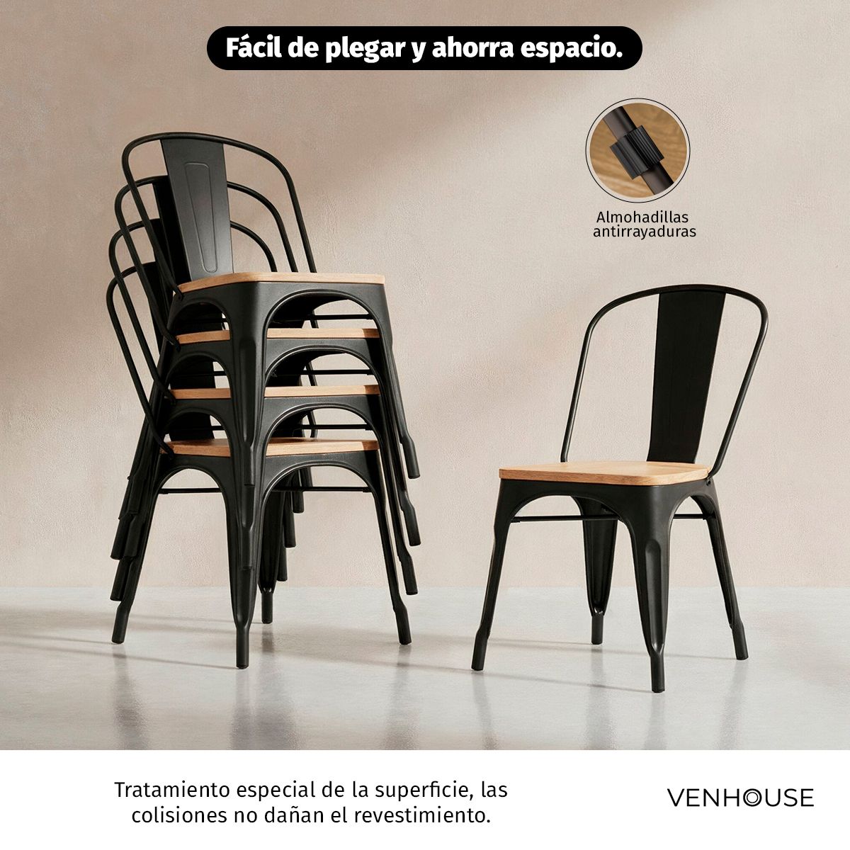 VENHOOUSE - Pack De 4 Sillas Tolix Negra Con Asiento De Madera