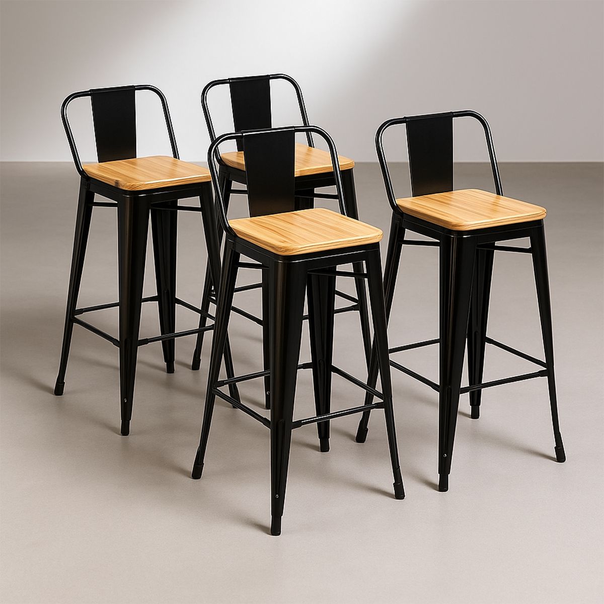 VENHOOUSE - Pack De 4 Taburetes Tolix Negro Con Asientos De Madera De 66cm