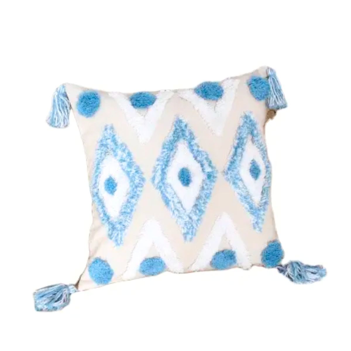 BOHEMIK - Cojín Bordado Beige con Rombos Blanco y Azul - Agueda