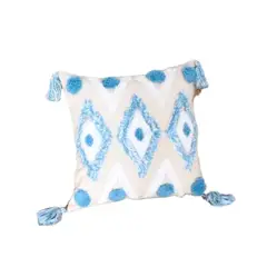 BOHEMIK - Cojín Bordado Beige con Rombos Blanco y Azul - Agueda