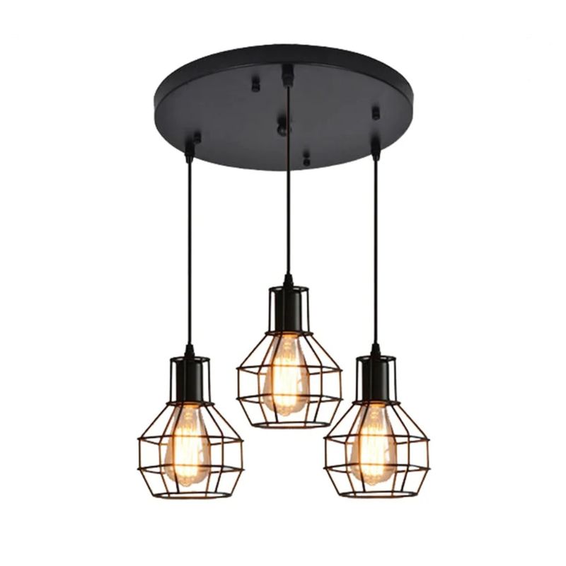 GENERICO - Lampara Colgante Metal Negra Vintage 3 Jaulas Base Redonda