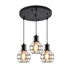 GENERICO - Lampara Colgante Metal Negra Vintage 3 Jaulas Base Redonda