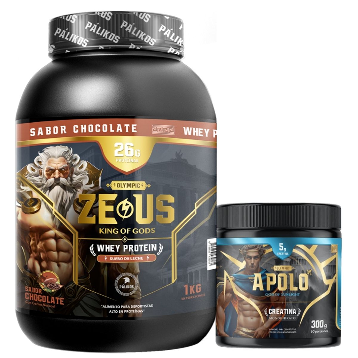 PALIKOS FITNESS - Pack Guerrero 1 kg / Zeus 1kg (Chocolate) + Creatina Apolo 300 g