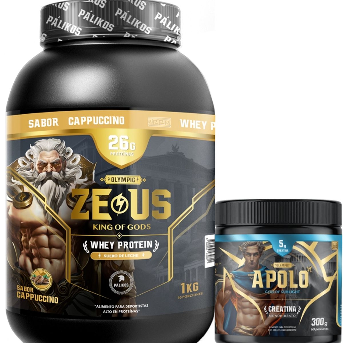 PALIKOS FITNESS - Pack Guerrero / Proteína Zeus 1 kg (Cappuccino) + Creatina apolo 300g