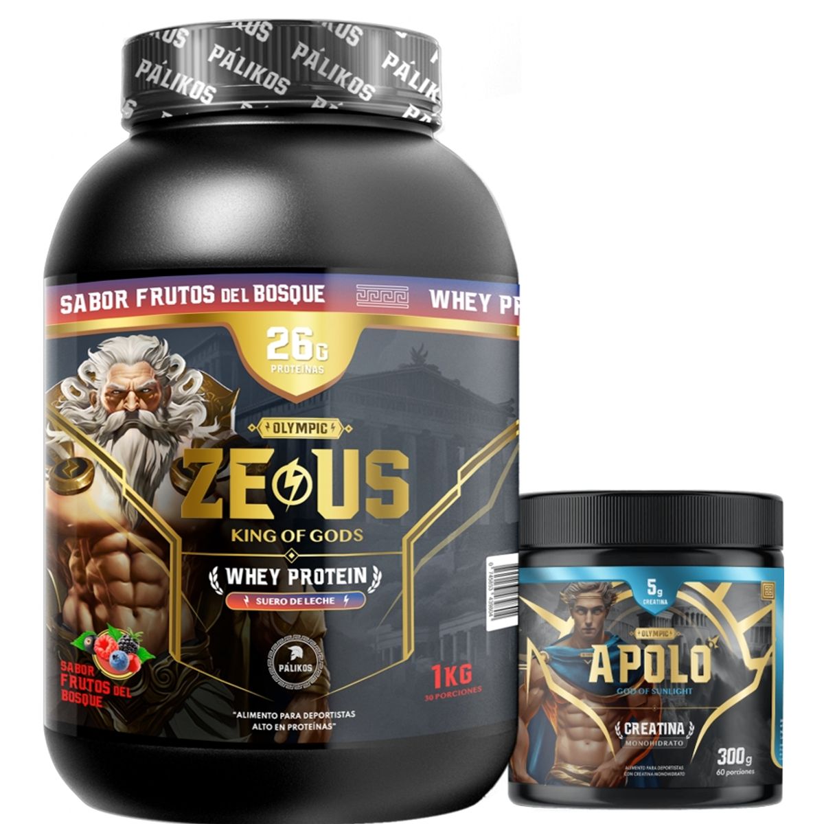 PALIKOS FITNESS - Pack Guerrero / Proteina Zeus 1 kg (Frutos) + Creatina apolo 300 g