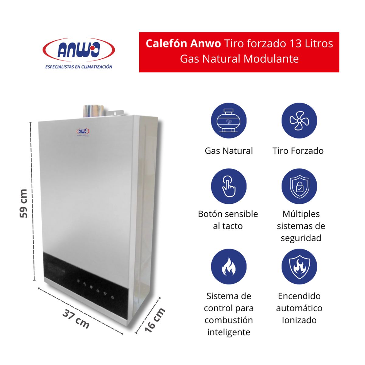 ANWO - Calefont Anwo 13 Litros Gas Natural Tiro Forzado Modulante