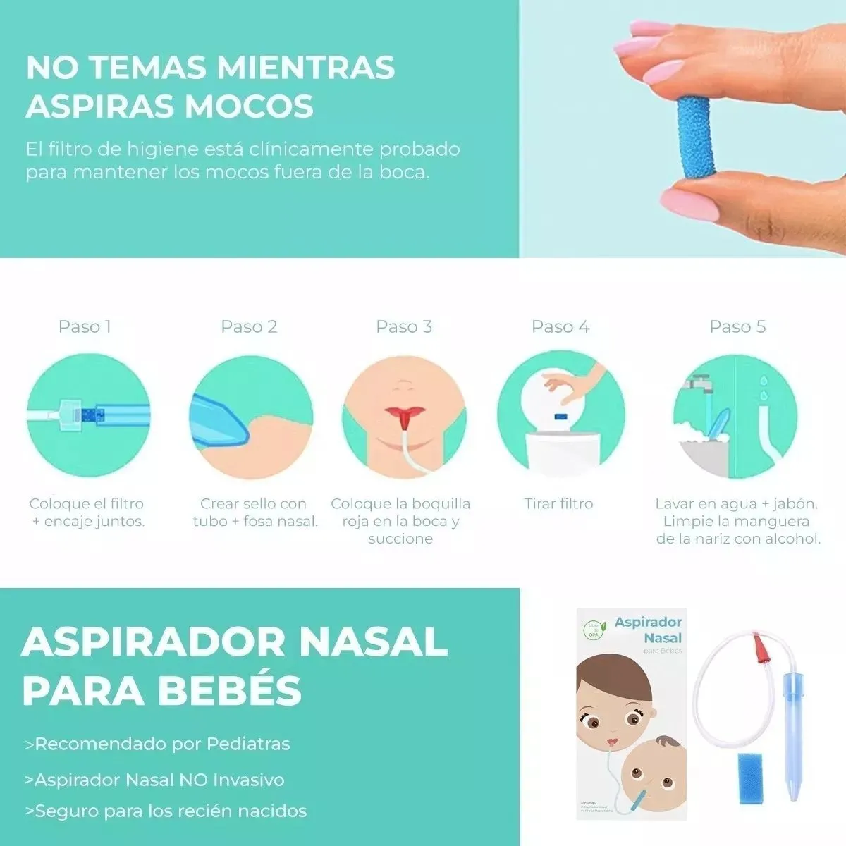 KUANGYE - Aspirador Nasal Para Bebé Filtros Higiénicos Libre Bpa 0