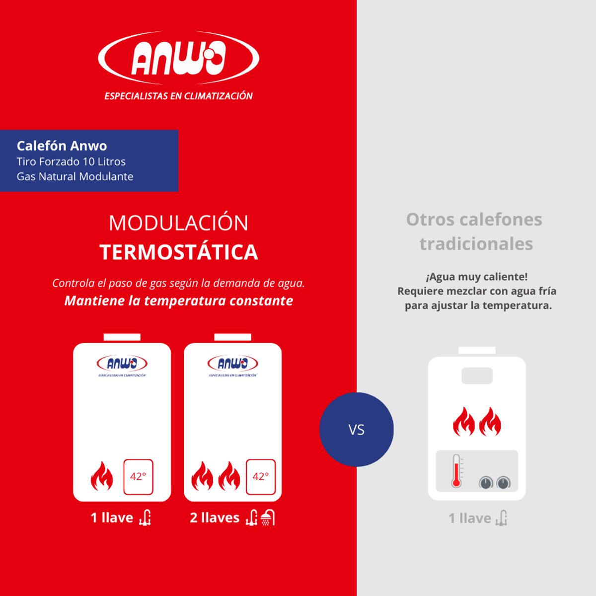 ANWO - Calefont Anwo 10 Litros Gas Natural Tiro Forzado Modulante